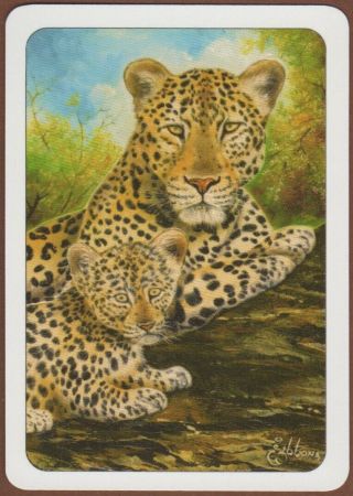 Playing Cards Single Card Old Vintage Wide Leopard,  Cub Artist Signed Leopards