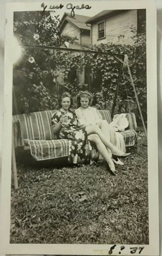 Vintage 1930 Photo Pretty Woman Girls On Porch Swing Dressed Pulled Up Long Legs