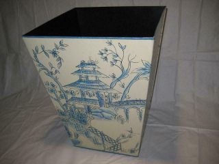 Vintage Hollywood Regency Blue And Cream Tole Waste Basket Chinoiserie Design