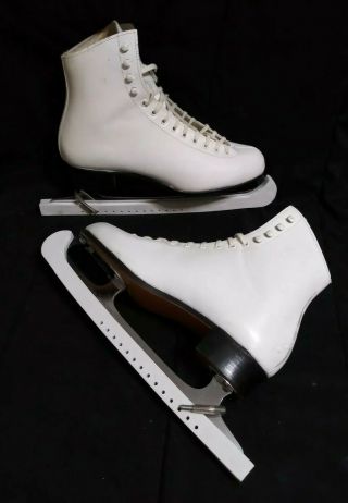 Vtg White Riedell Red Wing Mn Figure Ice Skates Size M 9 - 1/2 Mk Blades W/ Guards