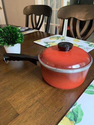 Vintage Red Orange Club Cast Aluminum Sauce Pot Pan W/ Matching Lid Vguc