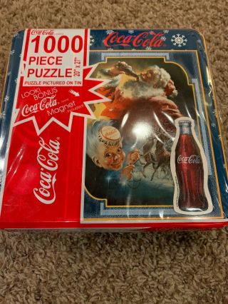 1998 Coca Cola Santa With Sprite Boy 1000 Pc.  Puzzle,  Tin With Magnet