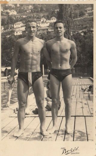 Nude Muscular Boys In Swimming Trunks Real Photo Postcard Gay Interest 1940