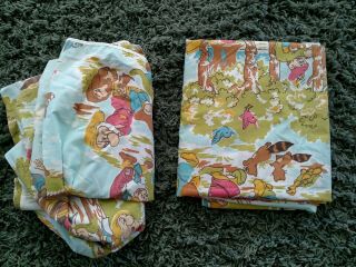 Vintage Disney Snow White Seven Dwarfs Full Flat Sheet,  Fitted Vtg Fabric