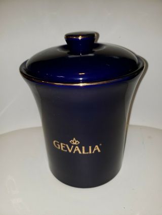 Gevalia Cobalt Blue,  Gold Trimmed Ground Coffee Ceramic Canister W/ Lid 8 ".