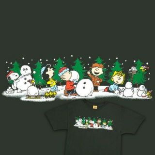 Snoopy Christmas T Shirt Peanuts Dk Green Large Lg Snowman Charlie Brown