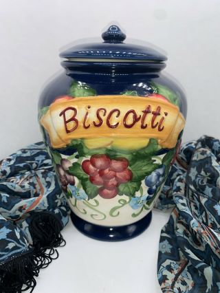 Nonni’s Biscotti Hand Painted Navy Blue Fruit Grapes Lidded Cookie Jar Canister