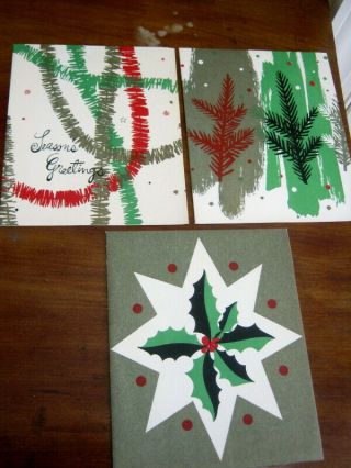 3 Vtg Mid - Century Mod Design Oz Christmas Cards,  Hand Printed,