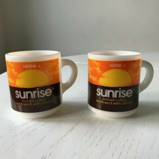 Set Of 2 Vintage Nestle Sunrise Instant Coffee Milk Glass Coffee Mug Cup Exc
