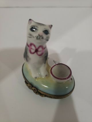 Vintage Limoges Trinket Box Cat With Tea Cup.  Paint Main