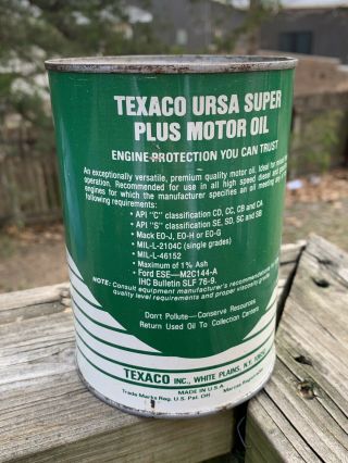 Vintage Texaco Ursa Plus Motor Oil 1 qt.  Metal Can Gas Station Sign - Empty 3