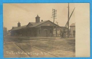 Owego,  Ny,  Erie Railroad Station,  Depot,  Rppc Real Photo Postcard