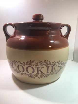 Maple Leaf Pottery Cookie Jar Monmouth Lidded Oven Proof Brown Tan Kitchenware