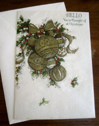 Vtg Mid - Century Hallmark Christmas Card,  Stunning Gold Ornaments,
