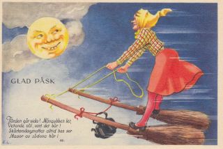 Old Vintage Postcard Easter Witch Rides 2 Brooms Moon Poem Small Card Sweden