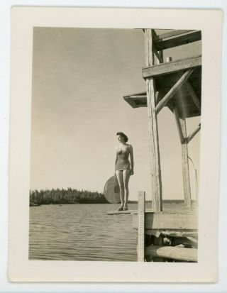 Statuesque Stylish Woman In Bathing Suit Vintage Snapshot Found Photo Good Comp