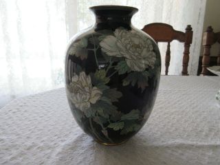 Vintage Large Cloissone Black Vase With White Peony Flowers