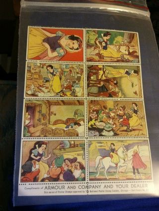 A0636 Vintage: Disney Snow White Poster Stamps Full Sheet Armour 1938
