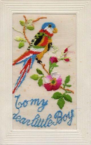 Patriotic Parrot: Ww1 Embroidered Silk Postcard: To My Dear Little Boy