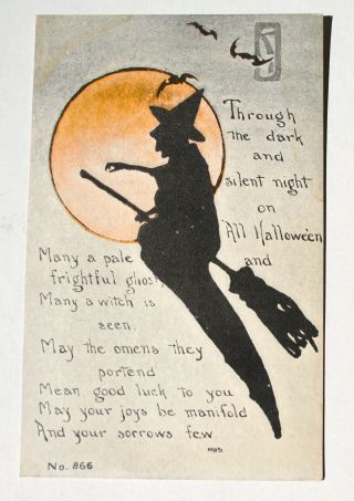 Halloween Vintage Owen Post Card,  Witch Flies Across The Moon