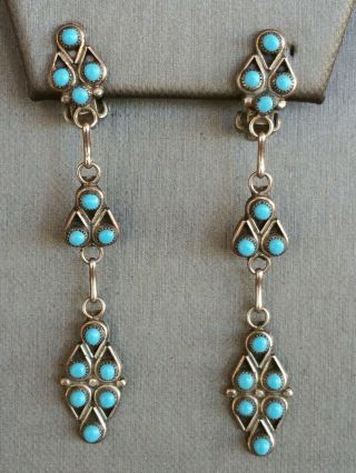 Vintage Old Pawn Unmarked Silver & Petit Point Turquoise Clip - On Earrings