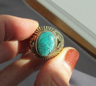 Vintage Old Pawn 10k White Gold Oval Spiderweb Number 8 Turquoise Leaf Ring 6.  9g