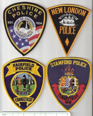 4 Connecticut Police Patches: Chandler,  London,  Fairfield & Stamford