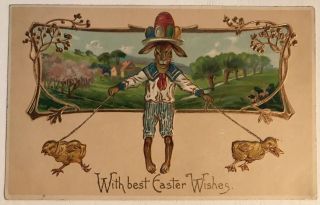 Dressed Bunny Rabbit With Chicks On Leash Antique Fantasy Easter Postcard - B908