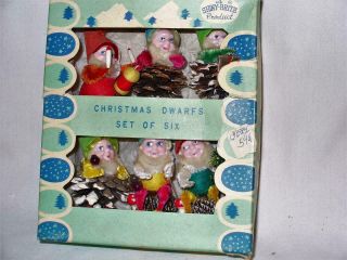 6 Vintage Shiny Brite Christmas Dwarfs 8651 - Japan - Orig Box - Pinecone Elves Cheni