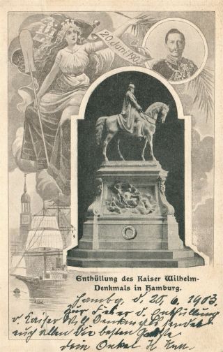 German Kaiser Wilhelm Ii Memorial In Hamburg 1908 Antique Postcard