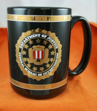 Fbi Department Of Justice Seal Coffee Mug Cup Black With Gold " Fbi " Rim