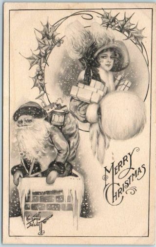 Vintage Artist - Signed Kathryn Elliott Postcard Santa Claus / Pretty Lady Gibson