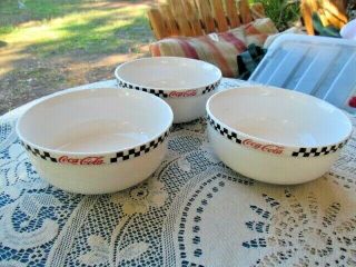 Coca Cola By Gibson Race Day Black Checkered On White 3 Coupe Soup Bowls 6 3/8 " H