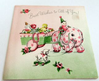 Vintage Baby Card Pink Calico Elephant Pulling Cart Filled W Duck Rattle Bottle