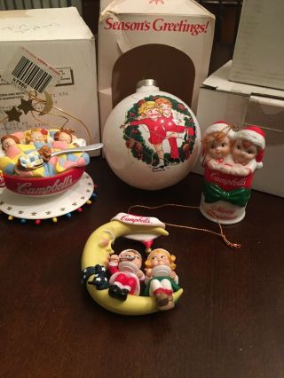 4 Campbells Kids Soup Bowl Holiday Ornament 1993 Sleeping,  1995 Moon,  1983 Bulb