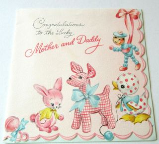 Vintage Baby Card Hallmark Pink Gingham Polka Dot Duck Pink Bunny Toy