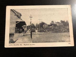 Early Postcard - - Maine - - Long Island - - Highland Avenue Street Scene - - Bike Gas Light