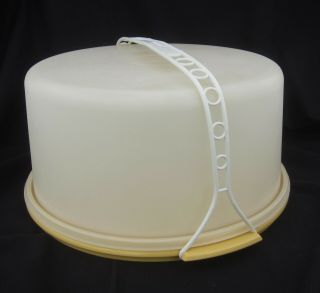 Vintage Tupperware Round Cake Carrier,  Harvest Gold W/ White Handle 12 " Diameter
