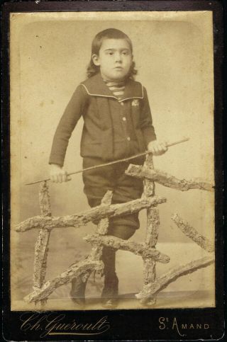 Vintage Cabinet Card Photo Black And White Boy W/ Faux Bois Rocaille