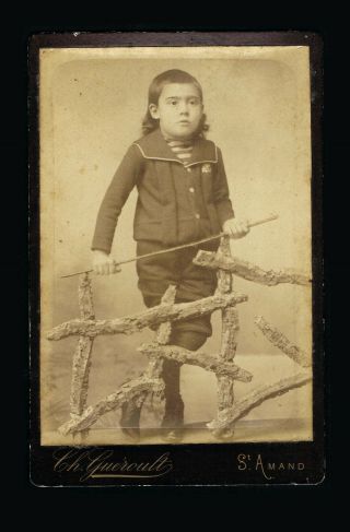 Vintage Cabinet Card photo Black and White BOY w/ FAUX BOIS Rocaille 3