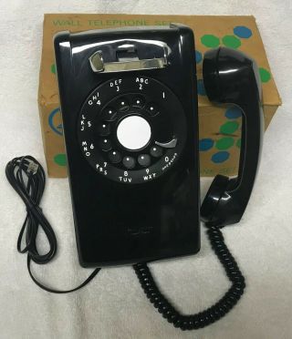 Vintage 1950s Western Electric A/b 554 3 - 57 Black Rotary Dial Wall Phone W/ Box