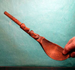 Vintage Northwest Coast Haida Kwakiutl Or Makah Carved Ceder Spoon Two Character