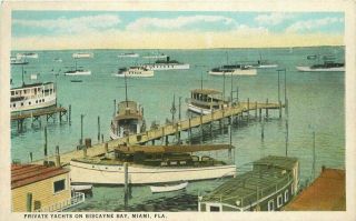 Biscayne Bay Miami Florida 1920s Private Yachts Postcard Teich Magic City 3104