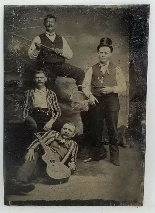 Tintype 4 Men Posing 1 Laying With Guitar Studio Pic Great Early Music Image