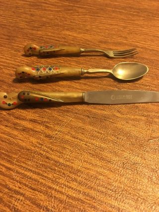 Set Of 3 Vtg Haddad Cutlery Carved Spoon Fork And Knife