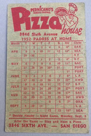 1952 San Diego Padres Baseball Pocket Schedule Pacific Coast League Vintage