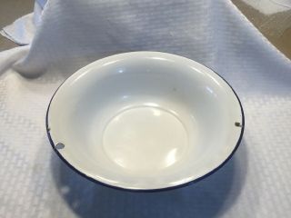 Vintage Enamel Bowl Kitchen White With A Blue Striped Edge 12”