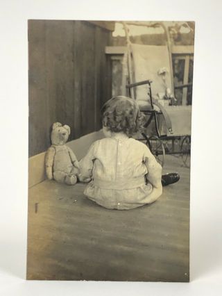 Vintage Antique B/w Photograph Snapshot Young Girl W Teddy Bear Wheelchair 1900s