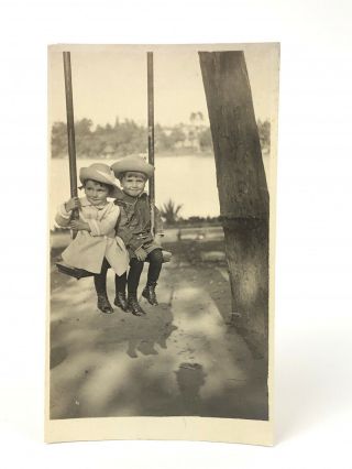 Vintage Antique B/w Photograph Snapshot Two Young Children On A Swing