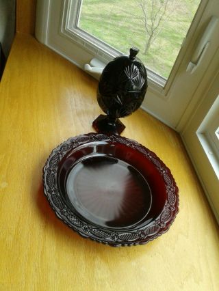 Vintage Avon Ruby Red Glass 2 Piece Egg Candy Dish & Cape Cod Pie Plate 2